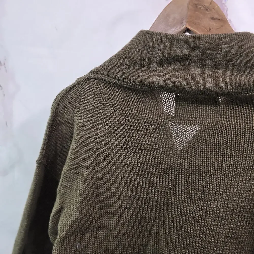 Vintage Army Sweater Mens Large Olive Green Drab Henley Knit Shawl Collar DLA